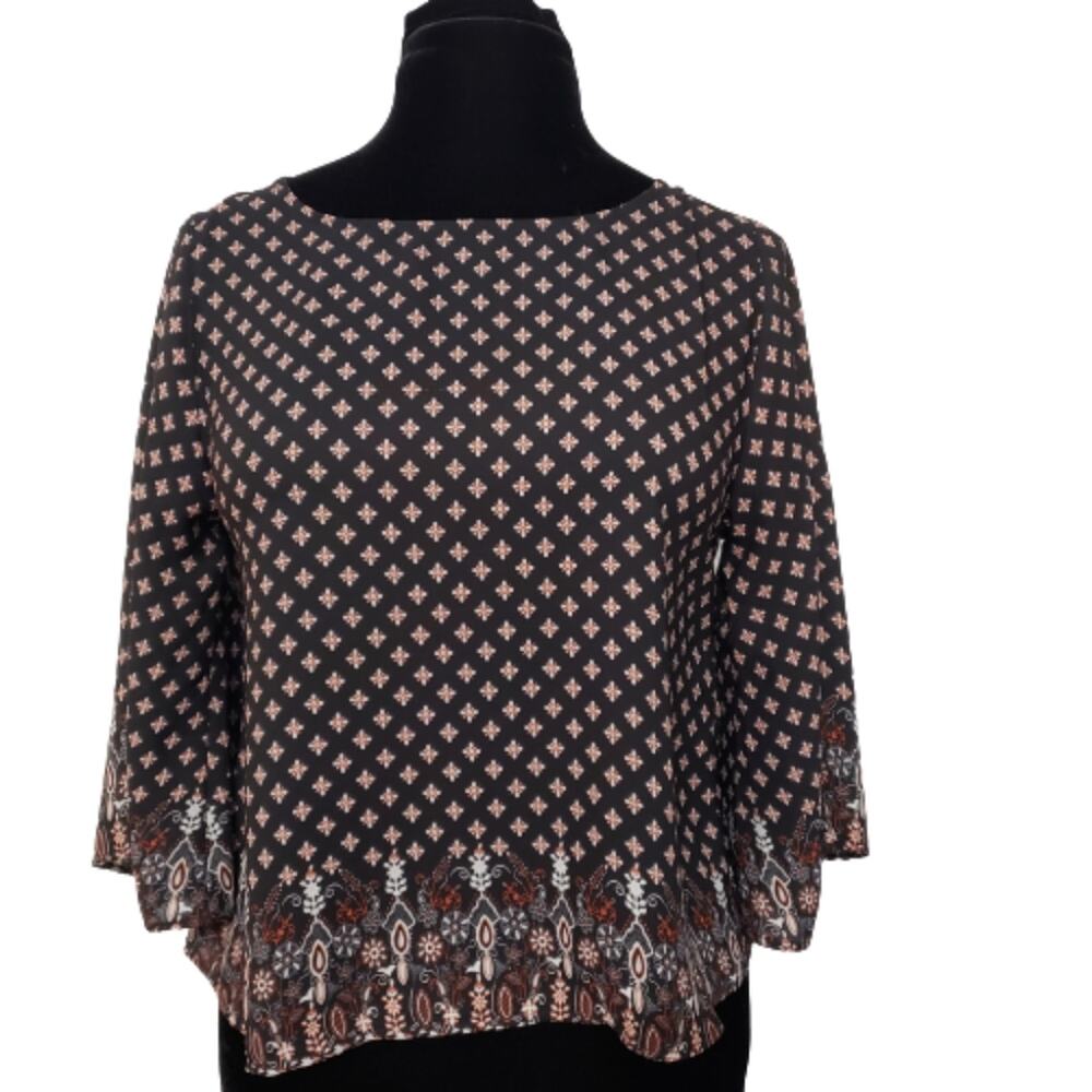 Annabella Floral Crop Semi Sheer Boho‎ 3/4 Sleeve Blouse Small